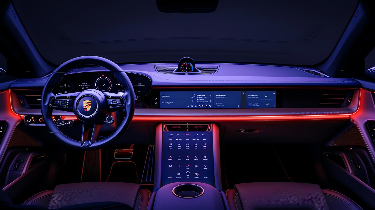 Cabina digital de coche de lujo con pantallas panorámicas integradas para navegación y sistemas de asistencia al conductor.