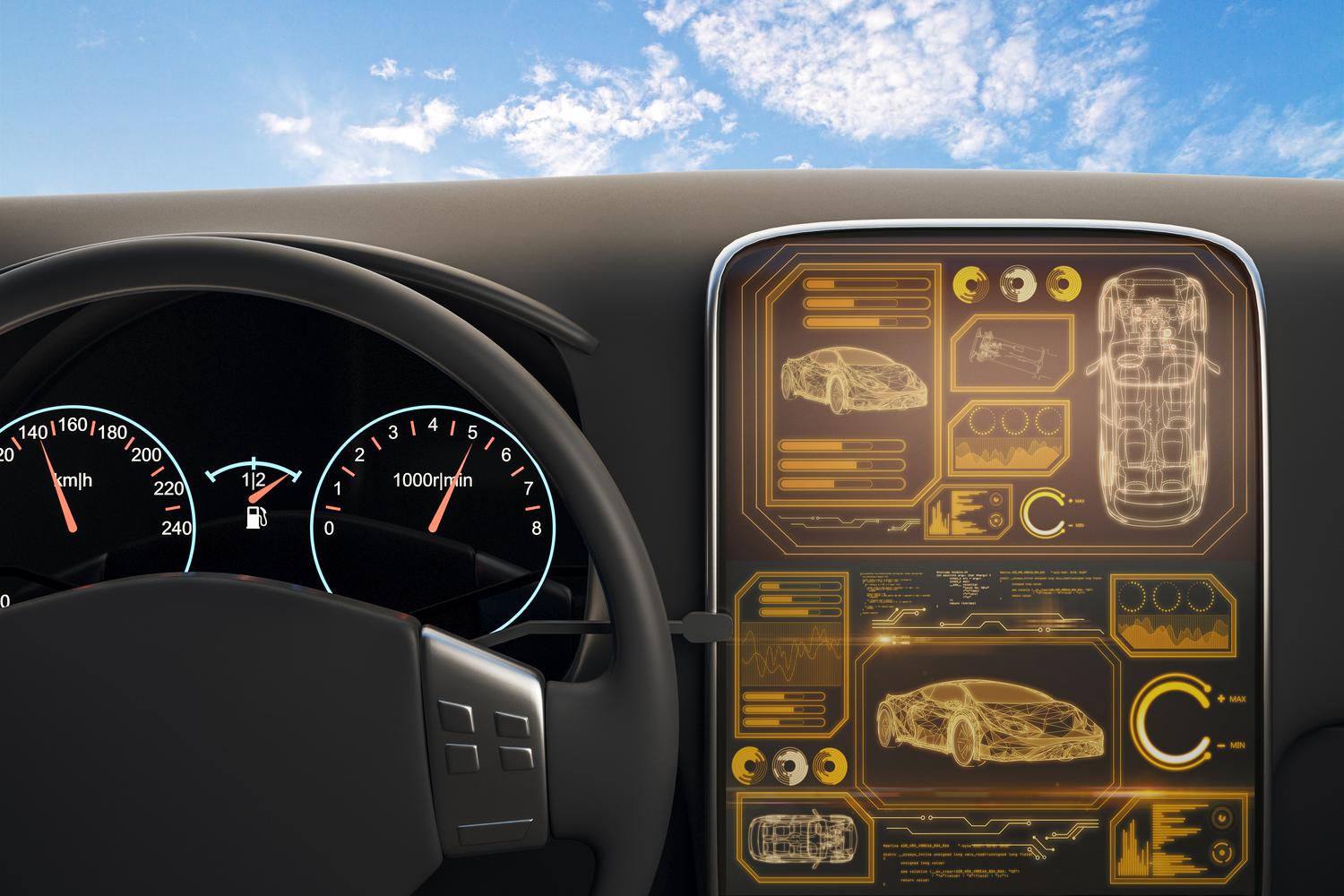 Interior futurista de coche con pantalla central de alta tecnología y visualización de datos avanzada en 3D.