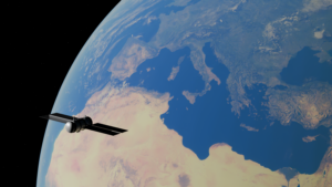Representación de un satélite de navegación orbitando la Tierra, esencial para el funcionamiento del sistema GPS y la constelación de satélites.
