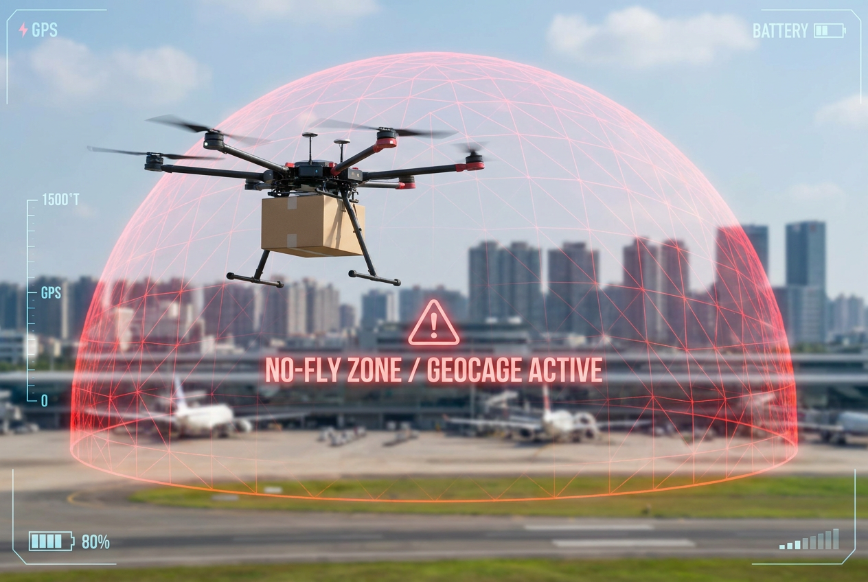 Visualización de un dron evitando una zona restringida mediante una cúpula virtual de seguridad o geocaging