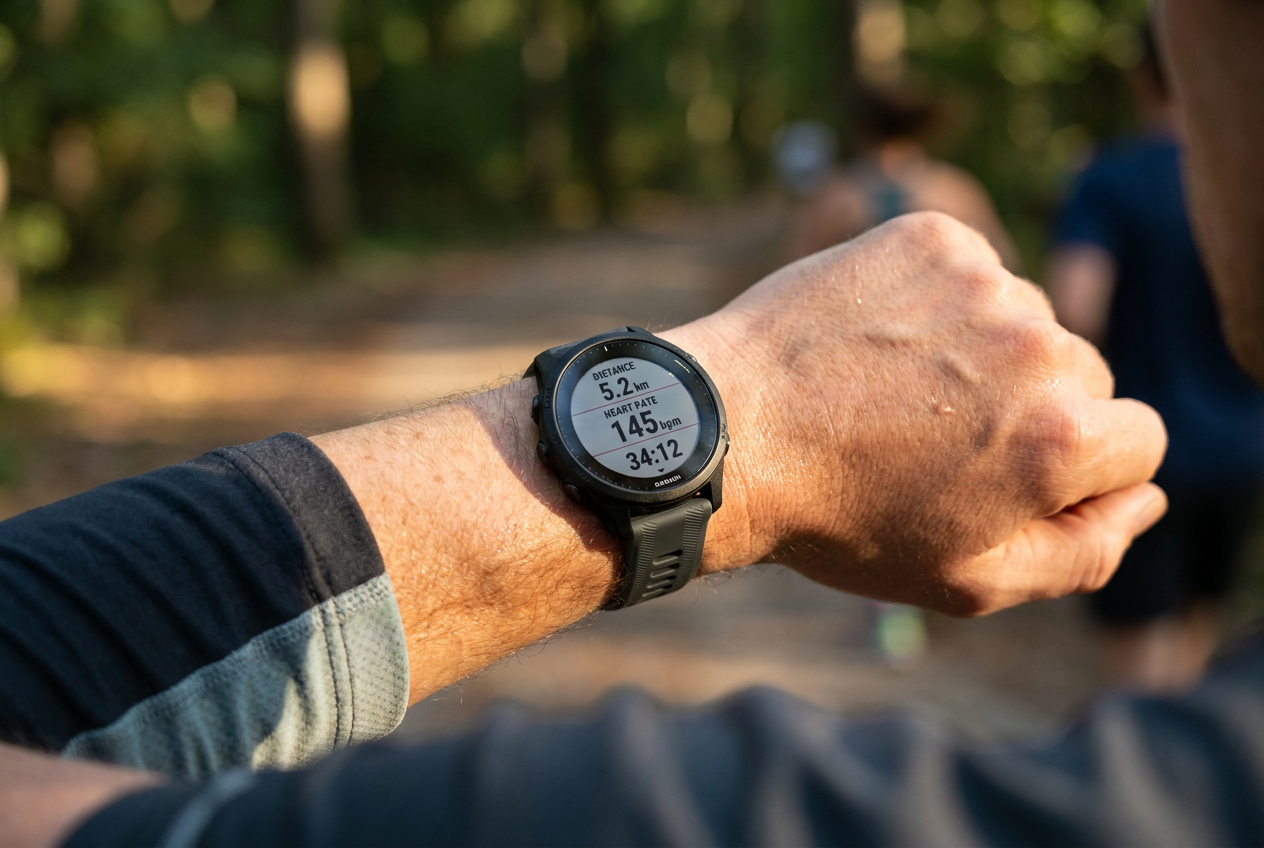 Reloj deportivo Garmin Forerunner en la muñeca de un corredor mostrando métricas de entrenamiento en el exterior.