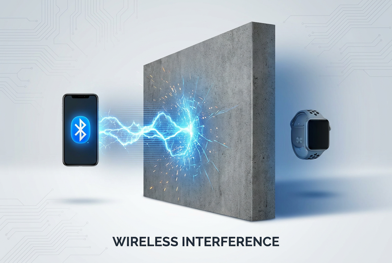 Ilustración conceptual de una señal de Bluetooth siendo bloqueada por un muro de hormigón, representando las interferencias físicas.