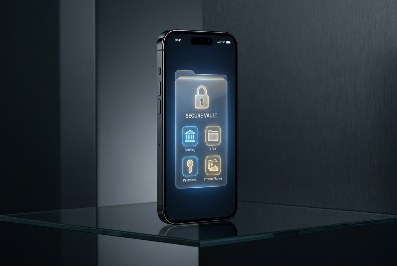 Interfaz futurista de una bóveda digital segura en un smartphone para proteger aplicaciones sensibles.