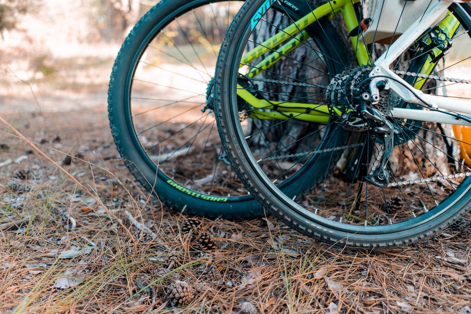Primer plano detallado de los neumáticos de una bicicleta, punto de referencia oficial para determinar el ganador en la foto finish.