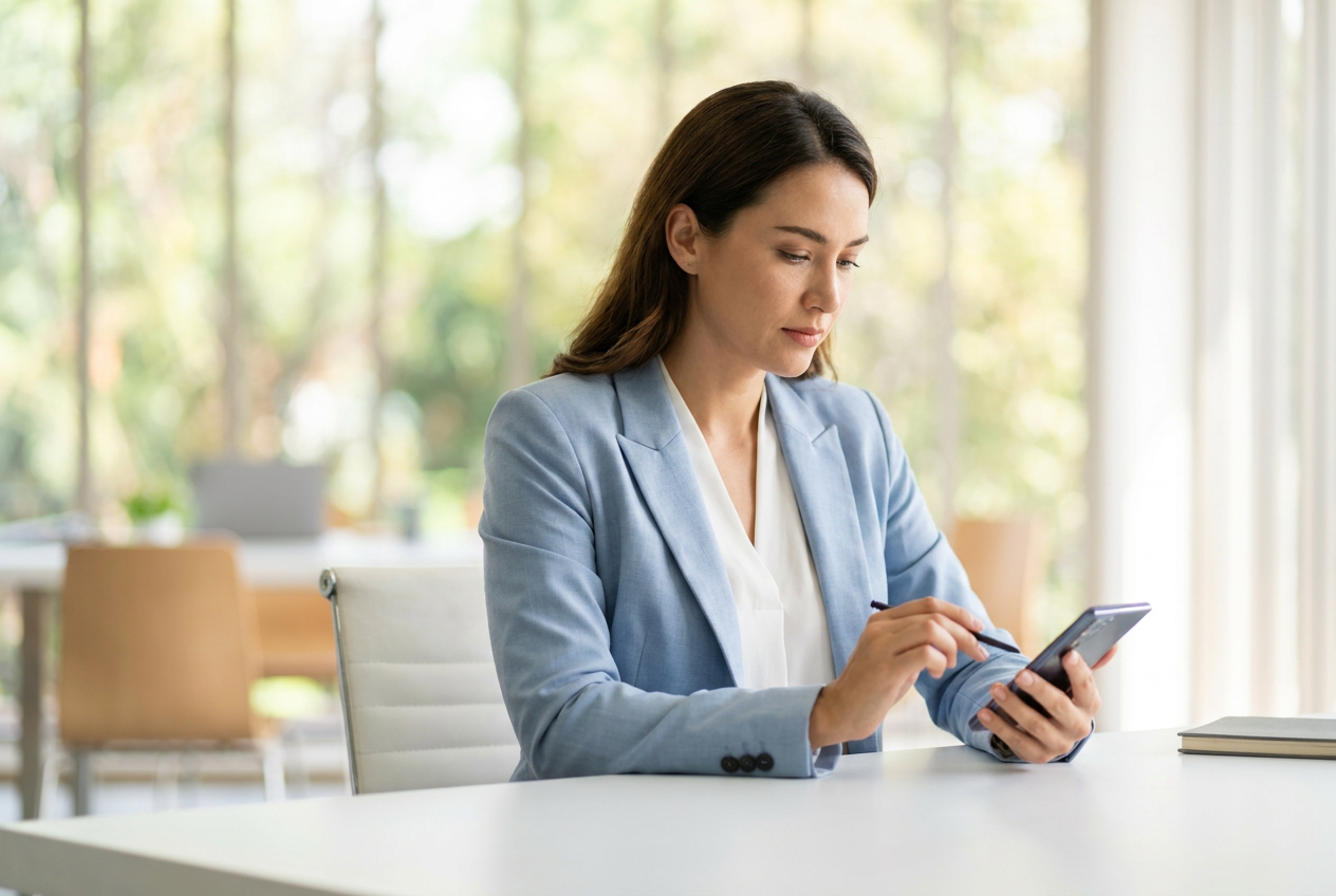 Mujer profesional en una oficina moderna y luminosa utilizando su smartphone con expresión de control y enfoque.