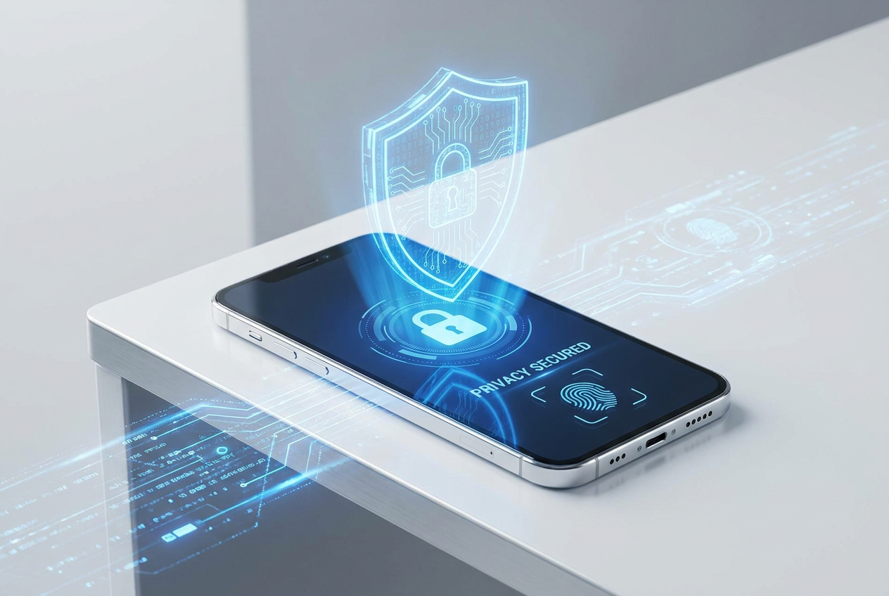 Imagen conceptual de un smartphone sobre un escritorio con un icono de escudo digital azul brillante flotando sobre la pantalla, representando la seguridad y privacidad de los datos.