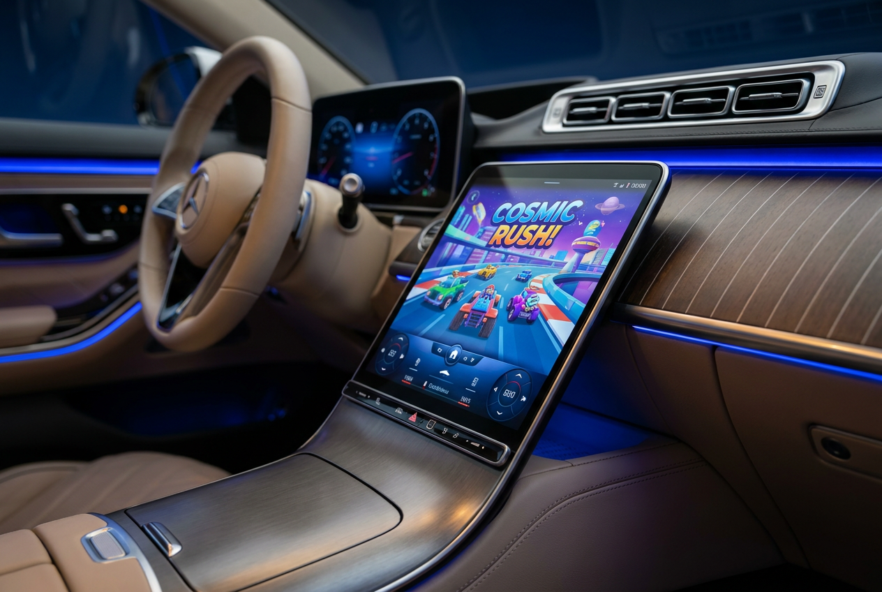 Primer plano de la pantalla de infoentretenimiento de un coche moderno mostrando un videojuego colorido en pantalla completa.