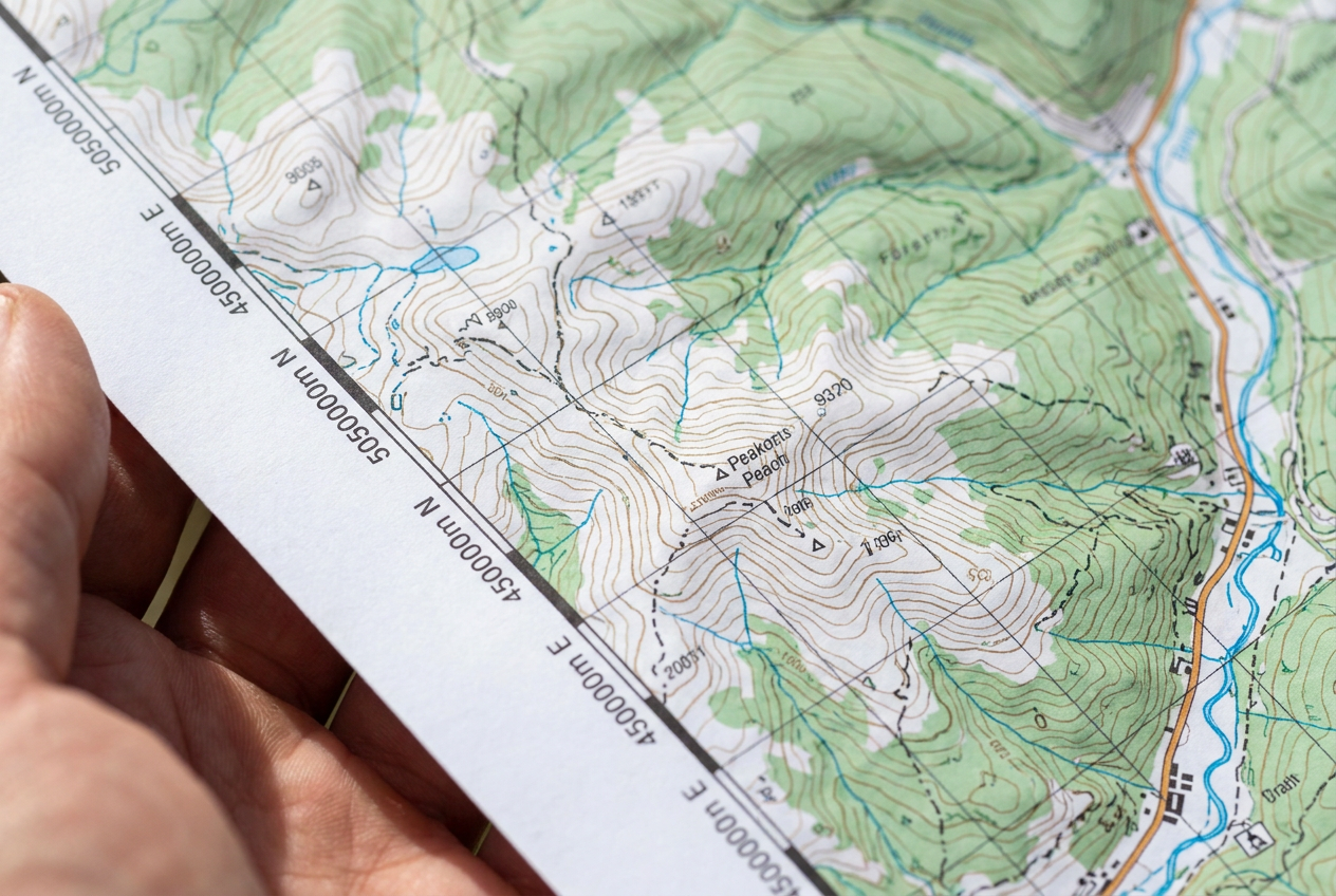Primer plano de un mapa topográfico profesional con una cuadrícula UTM visible y coordenadas métricas.