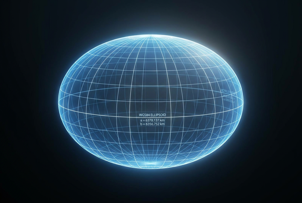 Representación digital en 3D de la Tierra como un esferoide oblato con rejilla de coordenadas, ilustrando el datum WGS84.