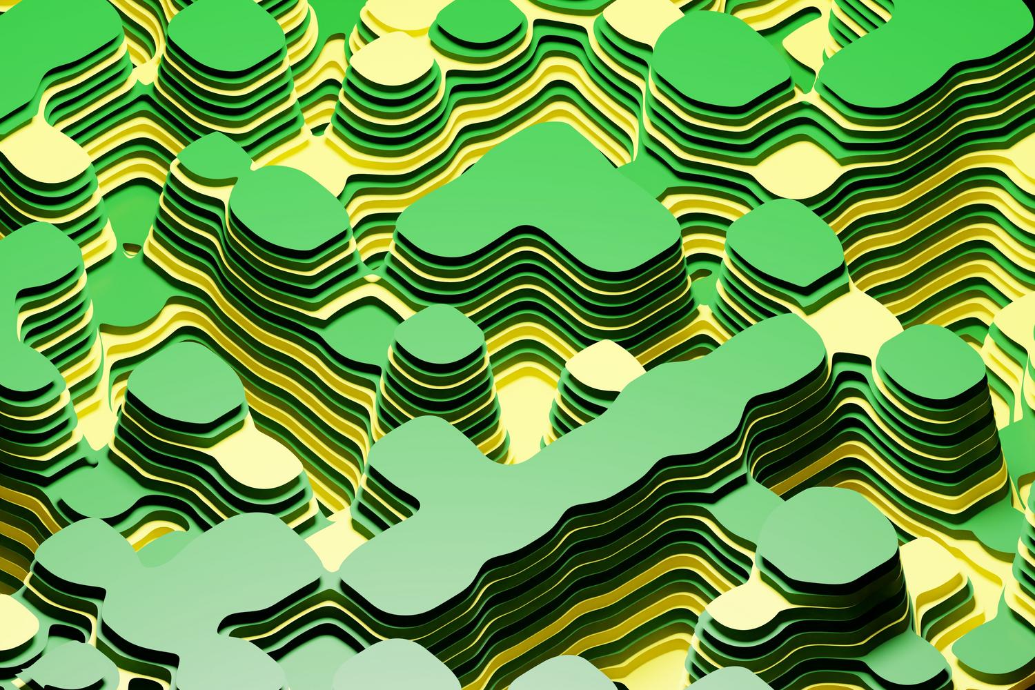 Representación abstracta y digital de capas topográficas, simbolizando la discretización de datos en un modelo DEM.